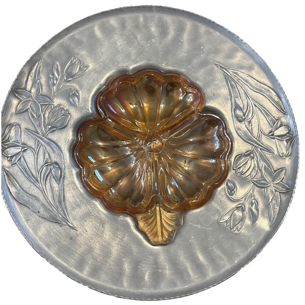 11.5" Everlast Hand Forged Aluminum Serving Tray With AMBER Glass Insert TULIPS